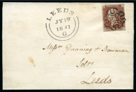 Stamp of Great Britain » Distinctive Maltese Cross Cancellations 1841 1d Red pl.8, state II, HE (no "O" flaw), good margins, tied to 1841 (Jul 19) wrapper by distinctive Catterick Maltese Cross