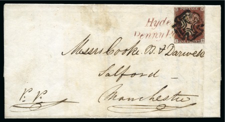 Stamp of Great Britain » Penny Post Postmarks Used As Cancellations 1841 1d Red pl.8 IB tied to 1841 (May 13) entire by red "Hyde / Penny Post" hs and distinctive Manchester "fish-tail" MC