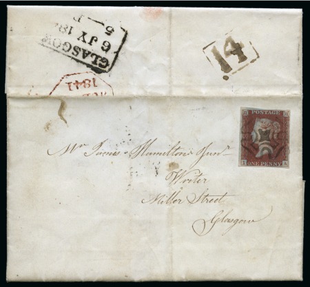 Stamp of Great Britain » Distinctive Maltese Cross Cancellations 1841 1d Red pl.11 IA tied to 1841 (Jul 6) entire sent locally in Glasgow by solid centre Glasgow Maltese Cross