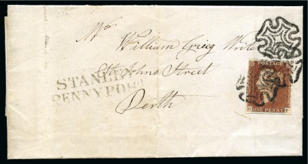 Stamp of Great Britain » 1841 1d Red 1841 1d Red pl.21 GF tied to 1843 wrapper sent locally from Stanley by THREE black Maltese Crosses and cancelled by a four-pointed star 