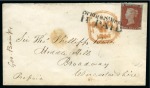 Stamp of Great Britain » Penny Post Postmarks Used As Cancellations 1841 1d Red TK tied to 1844 (May 1) envelope from London to Broadway by "Bridge St. West / 1D PAID" hs only
