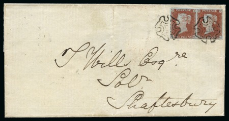 Stamp of Great Britain » 1841 1d Red 1841 1d Red pl.45 pair tied to 1844 (Sep 8) wrapper from Castle Cary by late usage of the black Maltese Cross