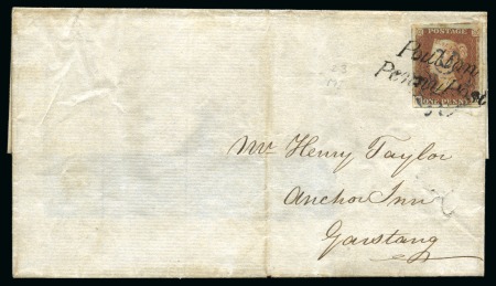 Stamp of Great Britain » Penny Post Postmarks Used As Cancellations 1841 1d Red pl.33 MD tied to 1842 large part wrapper by blue Maltese Cross and black "Poulton / Penny Post" hs
