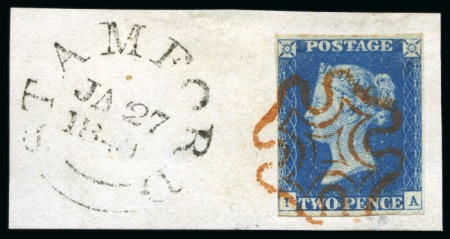 Stamp of Great Britain » 1840 2d Blue (ordered by plate number) 1840 2d Blue pl.2 IA, close to good margins, tied to piece by crisp and vivid red Maltese Cross with Stamford cds adjacent
