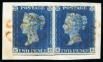 Stamp of Great Britain » 1840 2d Blue (ordered by plate number) 1840 2d Blue pl.1 KD-KE pair, close to very large margins, tied to piece by neat red Maltese Crosses