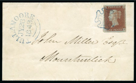 Stamp of Great Britain » Coloured Maltese Cross Cancellations 1841 1d Red DB tied to 1843 (Jul 28) wrapper from Tullamore to Mountmellick (Ireland) by neat blue Maltese Cross
