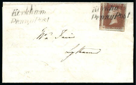 Stamp of Great Britain » Penny Post Postmarks Used As Cancellations 1841 1d Red pl.22 JG tied to wrapper sent locally from Kirkham to Lytham by "Kirkham / Penny Post" handstamp 
