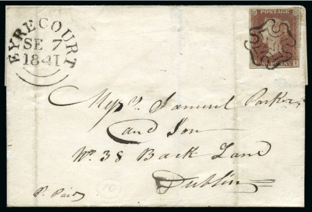 Stamp of Great Britain » Distinctive Maltese Cross Cancellations 1841 1d Red pl.11 OI, fine to good margins, tied to 1841 (Sep 8) wrapper by crisp distinctive Eyrecourt Maltese Cross 