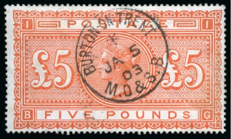 Stamp of Great Britain » 1855-1900 Surface Printed » 1867-83 High Values 1867-83 £5 Orange BG on white paper, neatly cancelled by "BURTON ON TRENT" cds