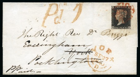 Stamp of Great Britain » 1840 1d Black and 1d Red plates 1a to 11 1840 1d Black pl.1a DJ tied to 1840 (Sep 26) wrapper from London to York by neat red MC, redirected with handstamp