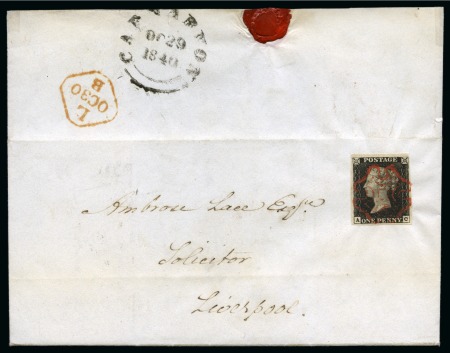 Stamp of Great Britain » 1840 1d Black and 1d Red plates 1a to 11 1840 1d Black pl.1b AC tied to 1840 (Oct 29) entire from Caernarvon (Wales) by vivid red MC