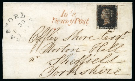 Stamp of Great Britain » 1840 1d Black and 1d Red plates 1a to 11 1840 1d Black pl.7 LA, fine to good margins, on 1840 (Oct 30) wrapper from Idle to Sheffield (Yorkshire)