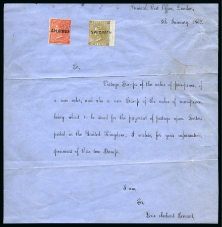 Stamp of Great Britain » 1855-1900 Surface Printed » 1862-64 Small Uncoloured Corner Letters 1868 (Jan 8) Postal notice sent by the GPO with examples of the new 1862-64 4d (crease) and 9d with SPECIMEN hs