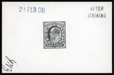 Stamp of Great Britain » King Edward VII » 1902-10 De La Rue Issues 1902-10 De La Rue 1/2d die proof in black on white glazed card