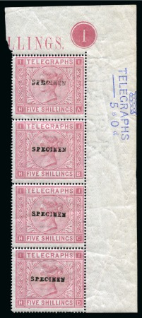 Stamp of Great Britain » Telegraphs 1876 5s Rose pl.1 with "SPECIMEN" hs (type 9) in mint nh top right corner marginal vertical strip of four