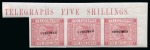 Stamp of Great Britain » Telegraphs 1876 5s Rose pl.1 imperf. imprimatur with "SPECIMEN" hs (type 9) in mint nh top right corner marginal horizontal strip of three