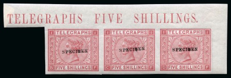 Stamp of Great Britain » Telegraphs 1876 5s Rose pl.1 imperf. imprimatur with "SPECIMEN" hs (type 9) in mint nh top right corner marginal horizontal strip of three