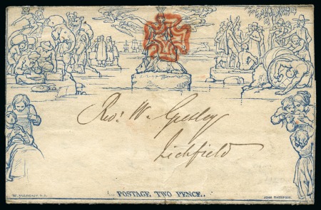 Stamp of Great Britain » 1840 Mulreadys & Caricatures 1840 (Sep 25) 2d Mulready wrapper, stereo a105, from London to Lichfield cancelled by crisp and vivid red Maltese Cross