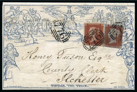 Stamp of Great Britain » 1840 Mulreadys & Caricatures 1844 (Jun 11) 2d Mulready wrapper from Taunton uprated with 1841 1d red pl.34 SK and pl.38 DJ tied by "776" 1844-type numerals