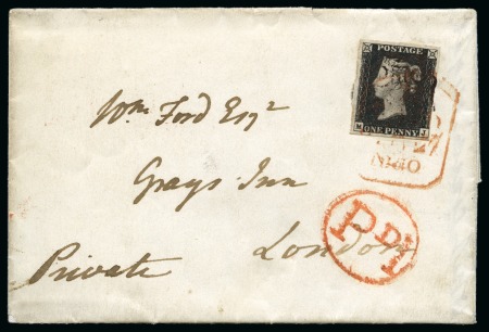 Stamp of Great Britain » 1840 1d Black and 1d Red plates 1a to 11 1840 1d Black pl.4 MJ tied to 1840 (Jul) wrapper from Brighton to London by light Maltese Cross in a mixture of red and black inks