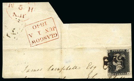 Stamp of Great Britain » Change of Cancellation Ink 1840 1d Grey-Black pl.1a JI tied to piece by complete watery black Maltese Cross, very early unofficial early use of black ink 