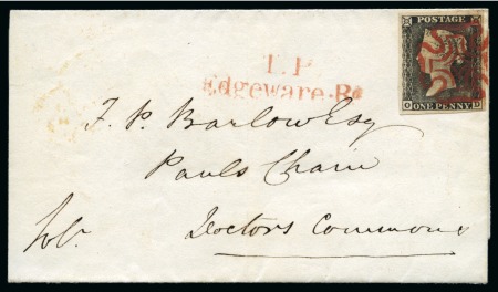 Stamp of Great Britain » 1840 1d Black and 2d Blue "May Dates" May 28th: 1840 1d Grey-Black pl.1a OD, tied to 1840 (May 28) entire by crisp and vivid red Maltese Cross