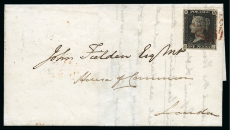 Stamp of Great Britain » Change of Cancellation Ink 1840 1d Black pl.5 CC, state 2, tied to 1841 (Feb 16) lettersheet to the House of Commons by red Maltese Cross, late usage