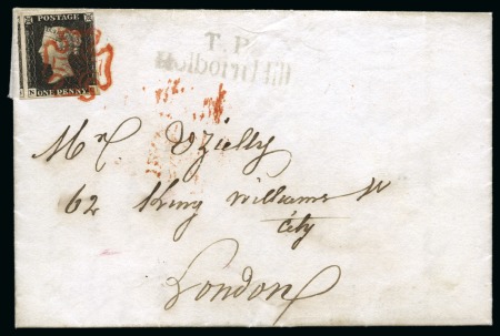 Stamp of Great Britain » 1840 1d Black and 1d Red plates 1a to 11 1840 1d Black pl.2 NC, tied to 1840 (Jun 10) entire from "London Coffee House" by crisp and vivid red Maltese Cross,
