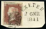 Stamp of Great Britain » 1841 1d Red 1841 1d Red pl.10, fine to huge margins, tied to small piece by black Maltese Cross and Exeter "traveller" ds