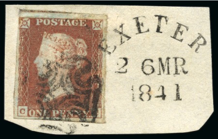 Stamp of Great Britain » 1841 1d Red 1841 1d Red pl.10, fine to huge margins, tied to small piece by black Maltese Cross and Exeter "traveller" ds