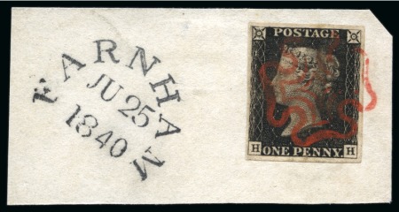 Stamp of Great Britain » 1840 1d Black and 1d Red plates 1a to 11 1840 1d Black pl.3 HH, tied to small piece by neat red Maltese Cross with Farnham "traveller" ds adjacent
