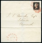 Stamp of Great Britain » Coloured Maltese Cross Cancellations Pinkish Red: 1840 1d Black pl.2 JB tied to 1841 (Jan 8) wrapper by two strikes of the pinkish red Devonport Maltese Cross 