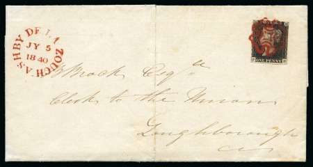 Stamp of Great Britain » 1840 1d Black and 1d Red plates 1a to 11 1840 1d Black pl.3 FD tied to 1840 (Jul 5) wrapper from Ashby-de-la-Zouch by crisp and vivid red Maltese Cross