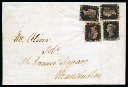 Stamp of Great Britain » 1840 1d Black and 1d Red plates 1a to 11 1840 1d Black pl.6 GB, GE, HD and HF, tied to 1840 (Feb 16) wrapper from Preston by several magenta Maltese Crosses