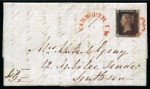 Stamp of Great Britain » Coloured Maltese Cross Cancellations 1840 1d Black pl.7 DI tied to 1840 (Sep 13) entire from Totland Bay (Isle of Wight) by crisp and vivid reddish pink Maltese Cross applied in Yarmouth 