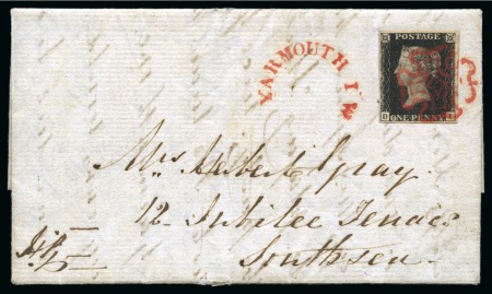 Stamp of Great Britain » Coloured Maltese Cross Cancellations 1840 1d Black pl.7 DI tied to 1840 (Sep 13) entire from Totland Bay (Isle of Wight) by crisp and vivid reddish pink Maltese Cross applied in Yarmouth 