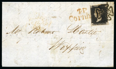 Stamp of Great Britain » Change of Cancellation Ink 1840 1d Black pl.6 tied to 1840 (Nov 3) entire sent locally in London by crisp EXPERIMENTAL black MC and "T. P / Cornhill" hs