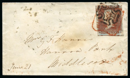 Stamp of Great Britain » 1841 1d Red 1841 1d Red pl.27 QB tied to 1844 (Jun 21) envelope by neat black Maltese Cross and by red London receiving ds