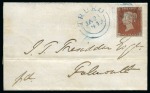 Stamp of Great Britain » Coloured Maltese Cross Cancellations Blue: 1841 1d Red CK tied to 1842 (Jan 26) wrapper sent from Truro (Cornwall) to Falmouth by blue Maltese Cross