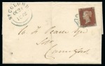 Stamp of Great Britain » Coloured Maltese Cross Cancellations Blue: 1841 1d Red FG tied to 1842 (Oct 22) wrapper sent from St. Columb (Cornwall) by crisp blue Maltese Cross