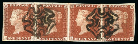 Stamp of Great Britain » 1841 1d Red 1841 1d Red pl.40 RC-RF strip of four cancelled contrary to regulations by two strikes of a black Maltese Cross