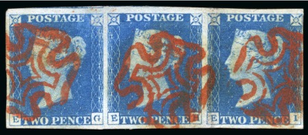 Stamp of Great Britain » 1840 2d Blue (ordered by plate number) 1840 2d Pale Blue pl.1 EG-EI, horizontal strip of three, used