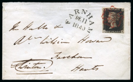 Stamp of Great Britain » 1840 1d Black and 1d Red plates 1a to 11 1840 1d Black pl.6 IB on 1840 (Dec 11) envelope from Farnham tied by crisp red Maltese Cross with despatch "traveller" ds adjacent