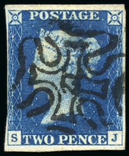 Stamp of Great Britain » 1840 2d Blue (ordered by plate number) 1840 2d Blue pl.1 SJ neatly cancelled by an almost complete strike of the number "12" in black Maltese Cross