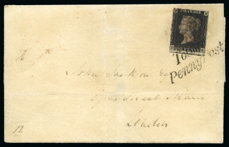 Stamp of Great Britain » 1840 1d Black and 1d Red plates 1a to 11 1840 1d Black pl.8 FF, state 1, on 1841 (Feb 7) wrapper by crisp strike of "Totton / Penny Post" hs and a faint strike of a red Maltese Cross