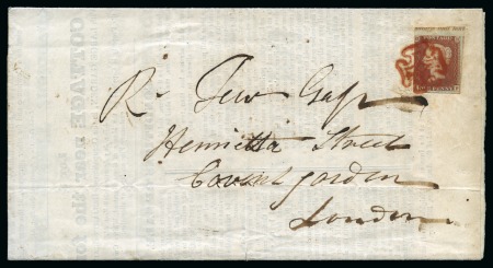 Stamp of Great Britain » 1841 1d Red 1840 1d Red pl.11 AF top marginal with partial inscription on 1841 (Jun 8) printed circular from Billericay tied by crisp red Maltese Cross