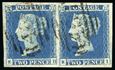 Stamp of Great Britain » 1841 2d Blue 1851 2d Violet Blue pl.4 EH-EI pair on thicker lavender tinted paper, used
