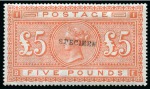 Stamp of Great Britain » 1855-1900 Surface Printed » 1867-83 High Values 1867-83 £5 Orange pl.1 BE on blued paper, overprinted "SPECIMEN" type 9