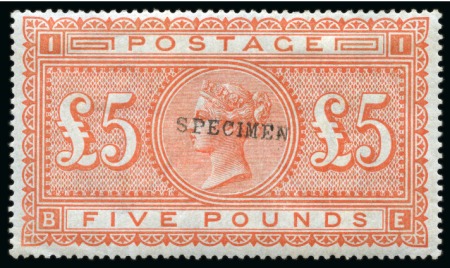 Stamp of Great Britain » 1855-1900 Surface Printed » 1867-83 High Values 1867-83 £5 Orange pl.1 BE on blued paper, overprinted "SPECIMEN" type 9