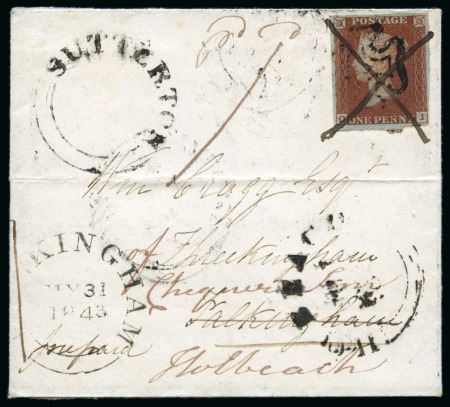 Stamp of Great Britain » 1841 1d Red 1841 1d Red OI on 1843 (May 30) lettersheet from Kirton (Lincolnshire) tied by light black Maltese Cross and pen cross, redirected